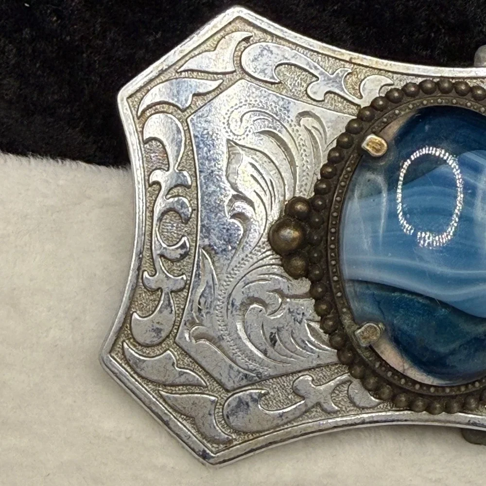 Vintage Polished Stone Belt Buckle Silver Tone Blue Stone